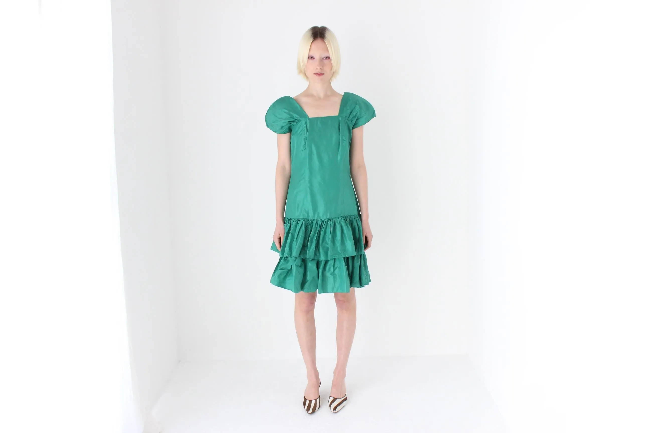 80s Puff & Ruffle Taffeta Drop Waist Cocktail Dress