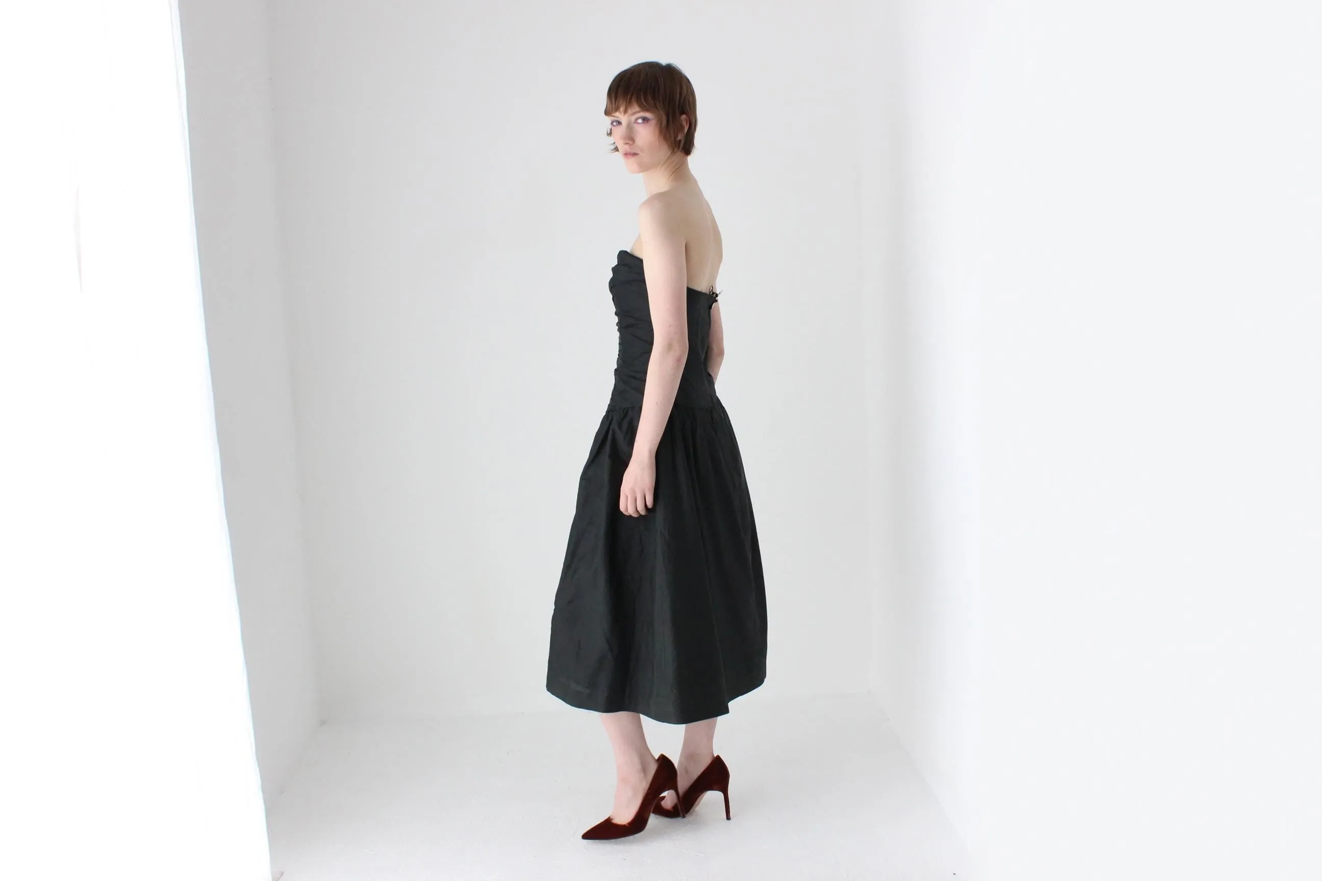 80s Thai Silk Gathered Texture Strapless Dress