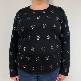 Black Floral Cashmere Crew Neck Jumper Extra Large