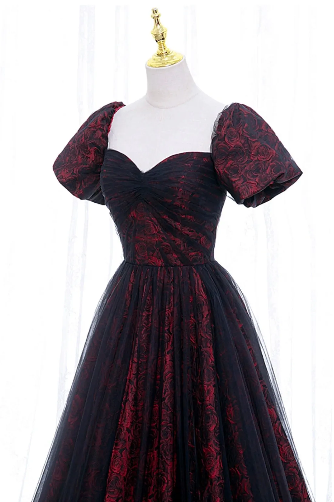 Burgundy Floral Pattern and Black Tulle Long Off Shoulder Prom Dress with Short Sleeves