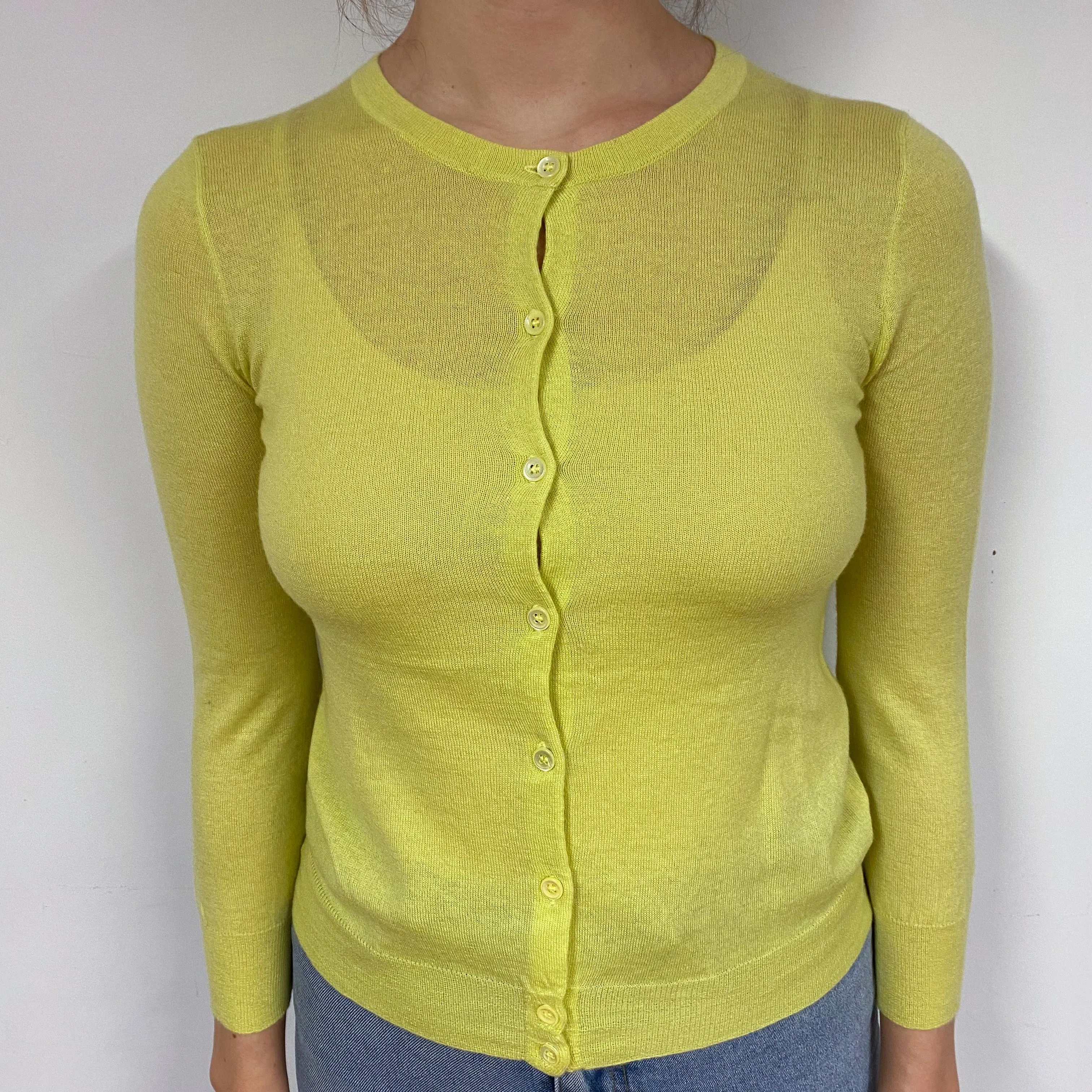 Fine Knit Chartreuse Yellow Cashmere Cardigan Small