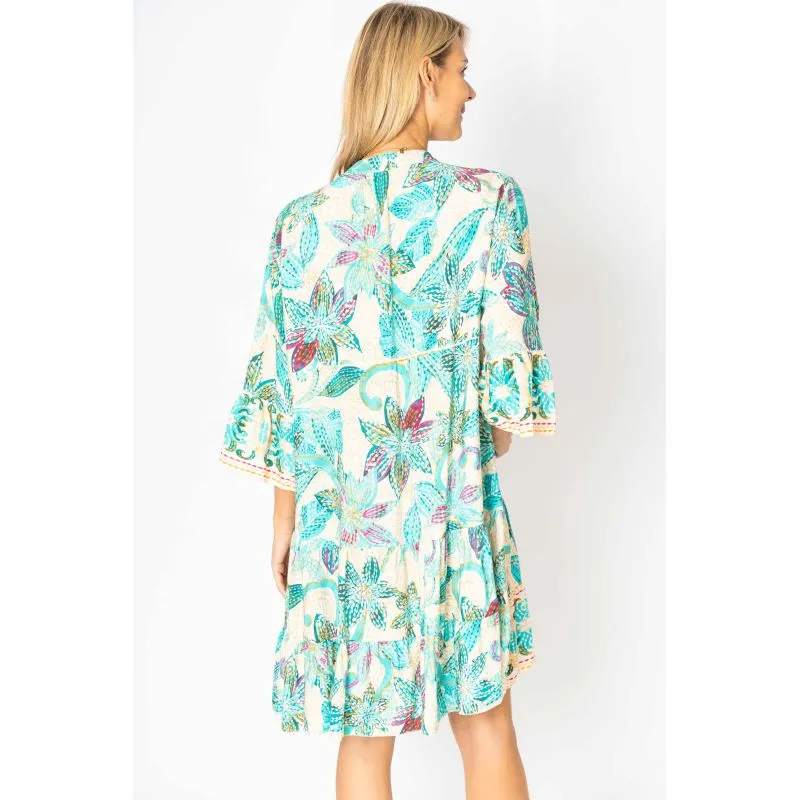 Flower Printed Baby Coll Dress-Turquoise