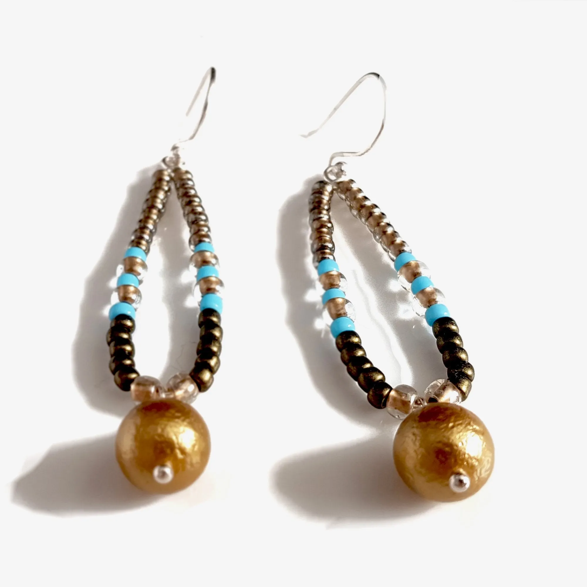 Gold Pearl Dangle  Hoop Earrings | KJ-412EG | Artisan Earrings