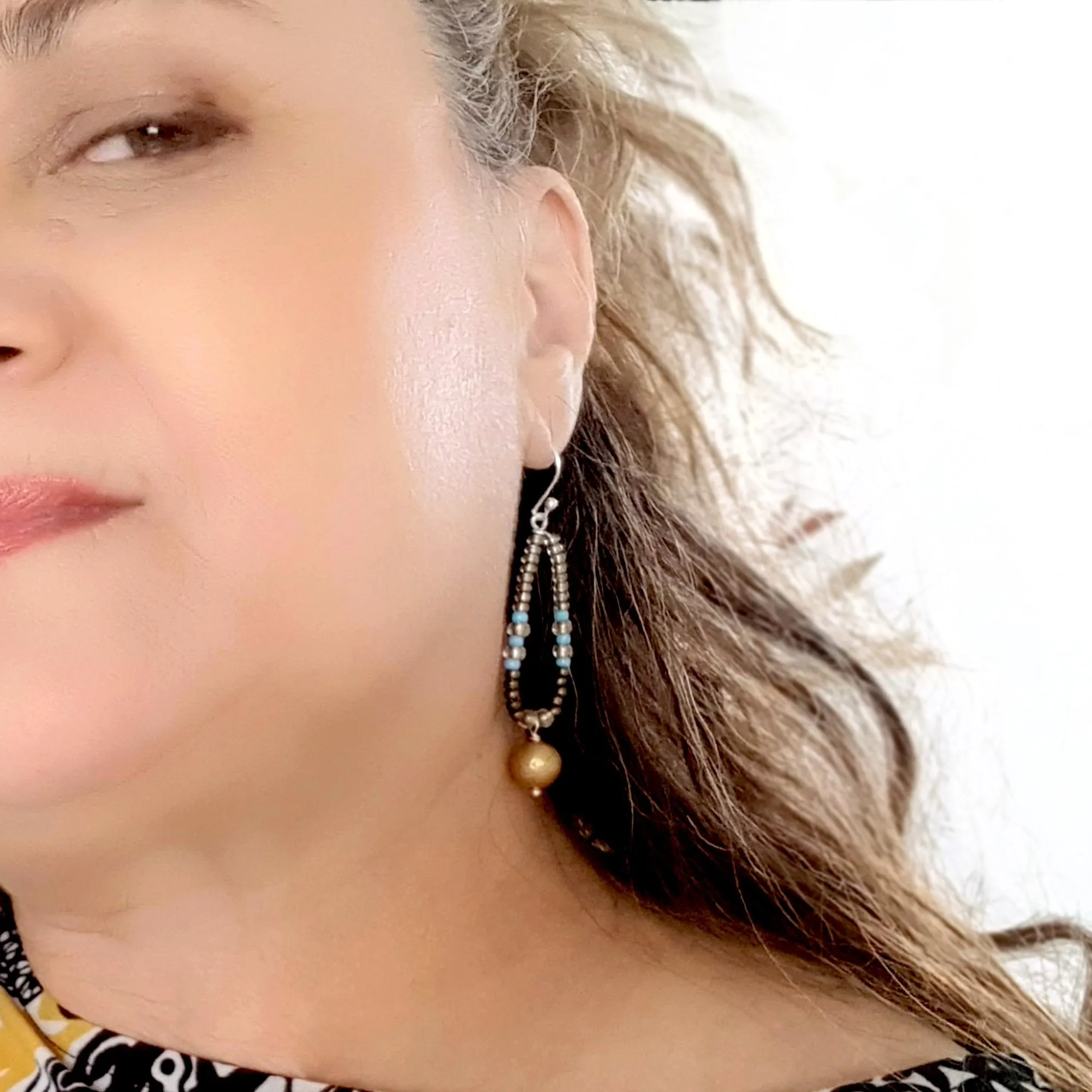 Gold Pearl Dangle  Hoop Earrings | KJ-412EG | Artisan Earrings