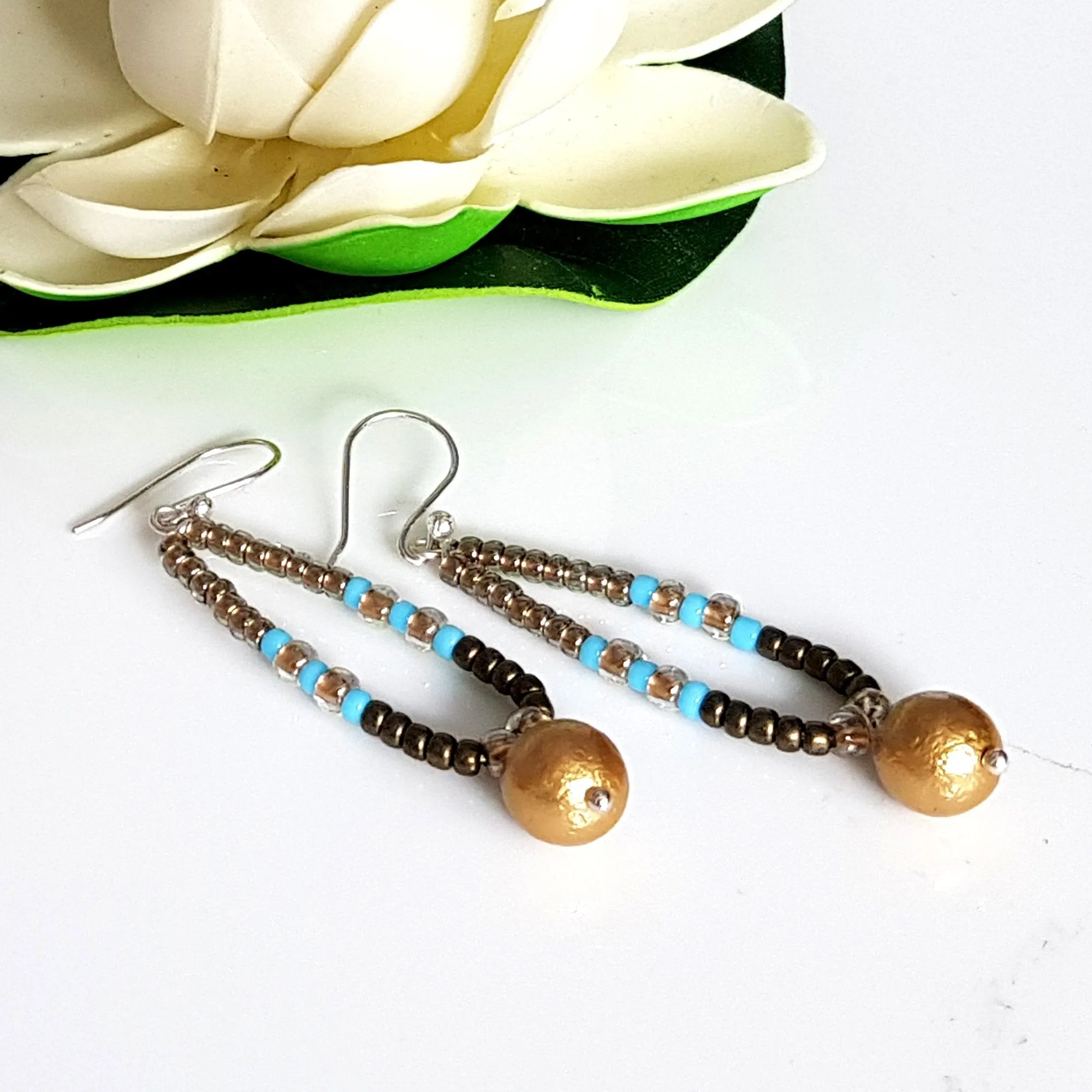 Gold Pearl Dangle  Hoop Earrings | KJ-412EG | Artisan Earrings