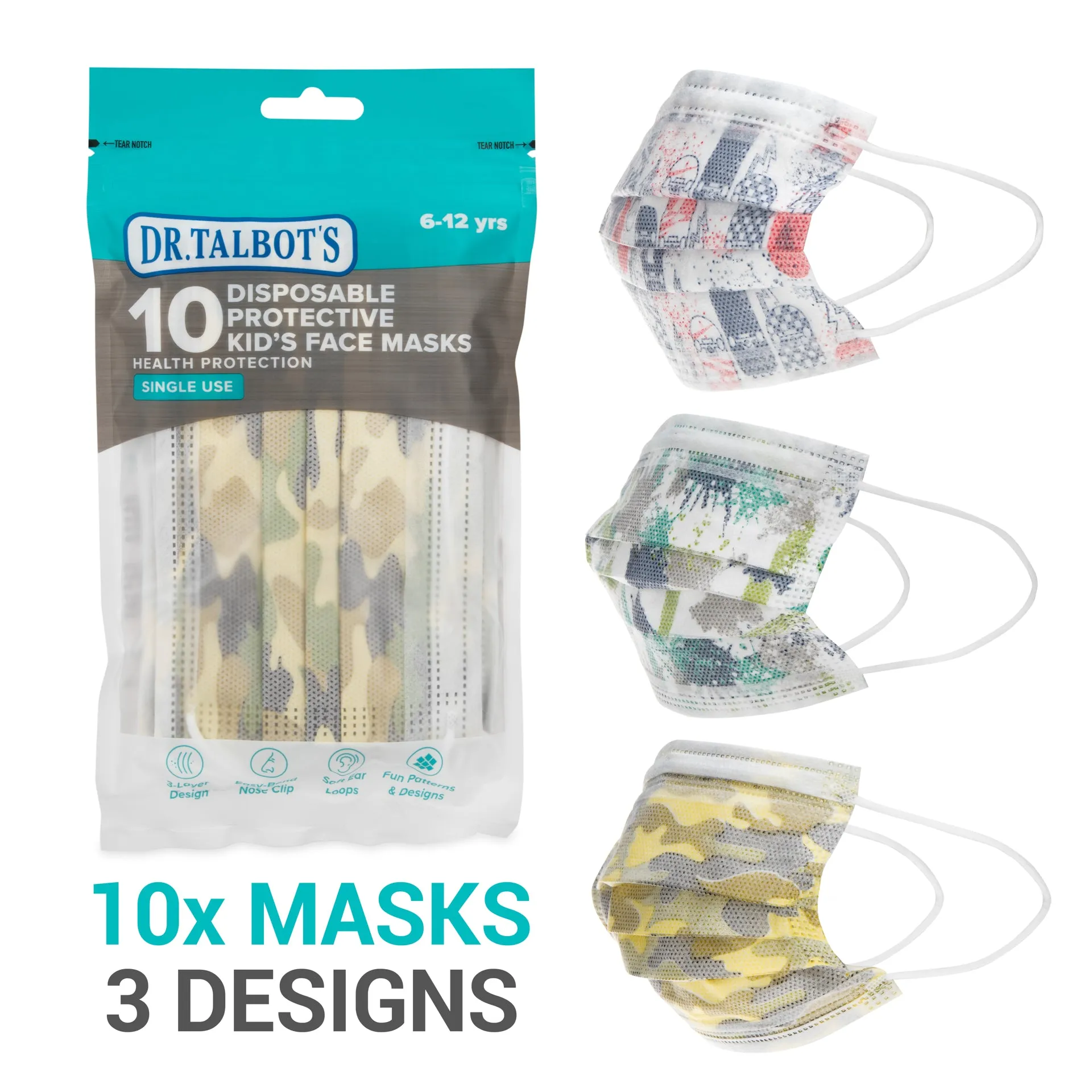 Kid's Face Mask (6 - 12 years) - Camouflage, Skateboards, & Paint Splatter - 10 pack
