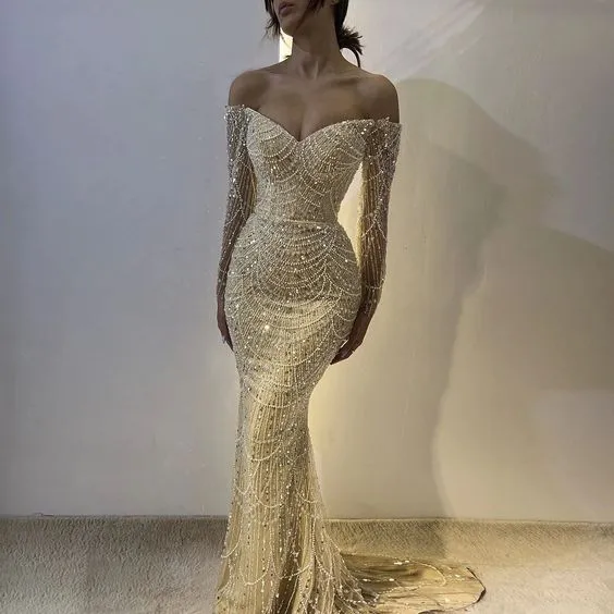 Luxury Dubai Evening Birthday Dress 2024 Beads Sequins Off-The-Shoulder Long Sleeves Mermaid Sweep Train Formal Prom Gowns   fg4572