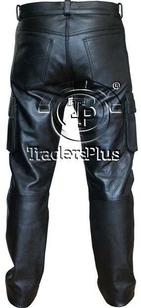 Men's Black Genuine Leather Cargo Trouser Pants