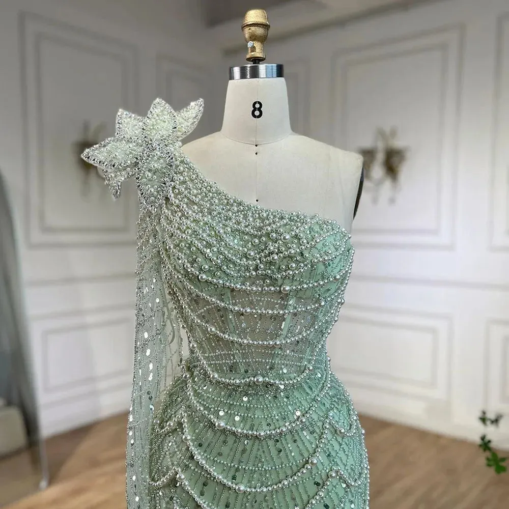 Pearl Embellished Sage Green Mermaid Evening Gown
