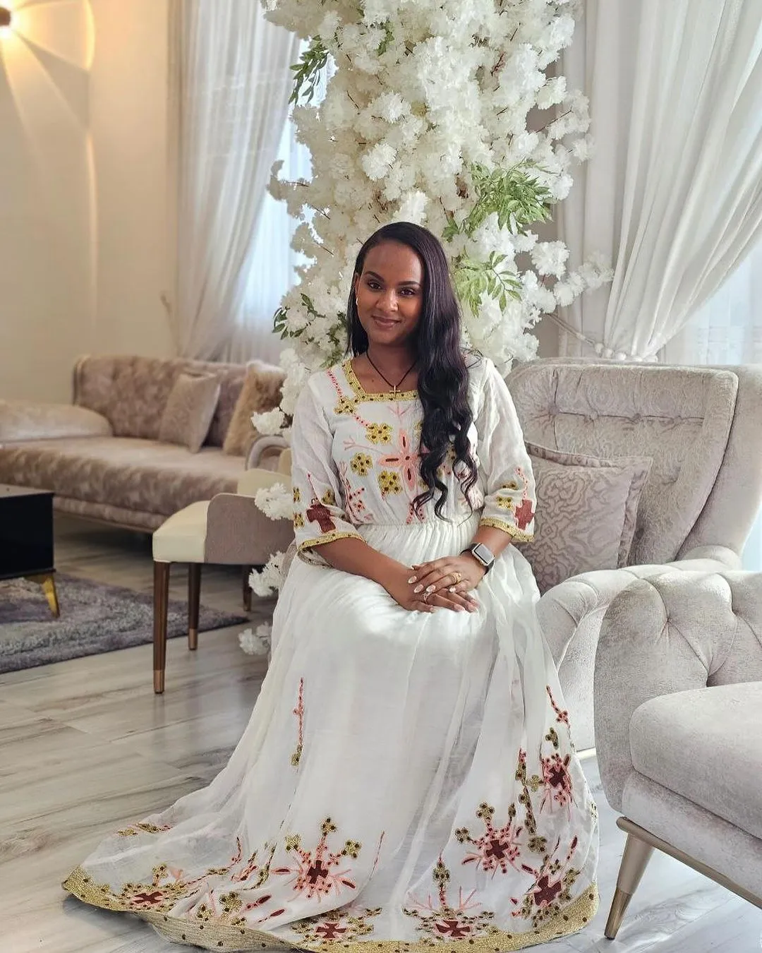 Pleasant Pink and Golden Habesha Dress Unique: with Cross Stitched Geometrical Pattern Traditional Ethiopian Dress Fabulous Habesha Kemis