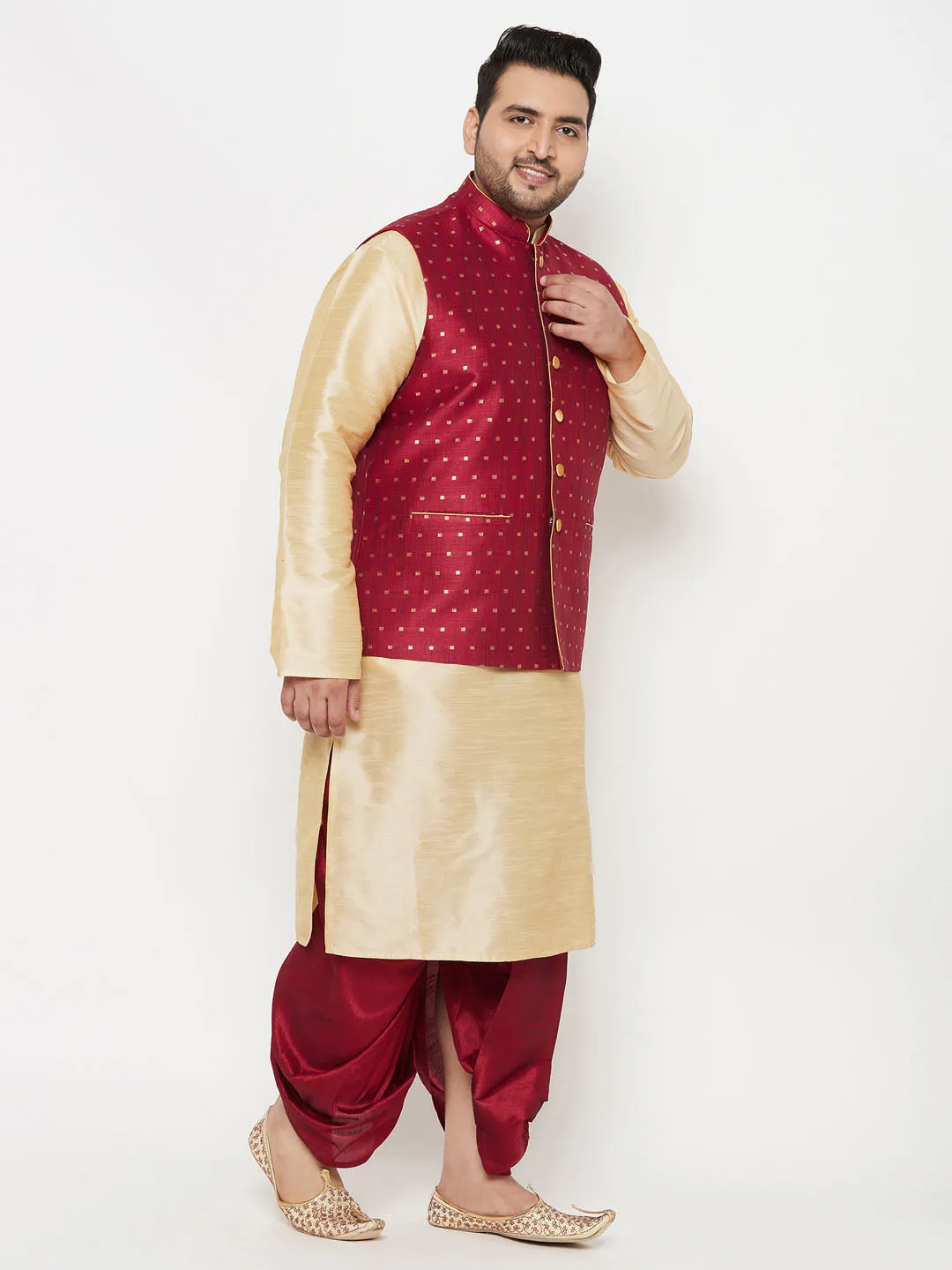VASTRAMAY PLUS Men's Maroon Zari Weaved Nehru Jacket With Kurta Dhoti set